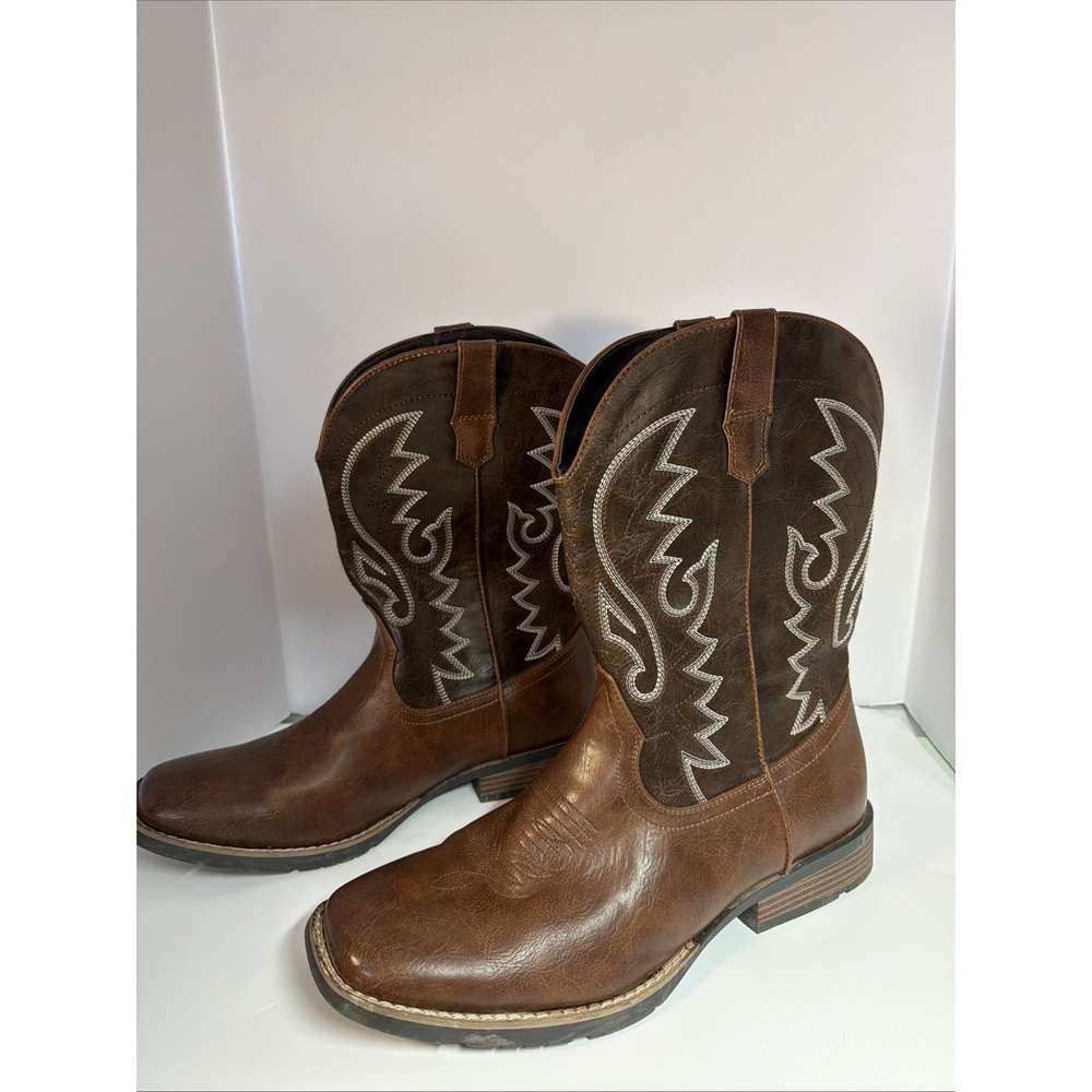 IUV Men's Dark/Light Brown Embroidered Square Toe Western Boots Size 11.5